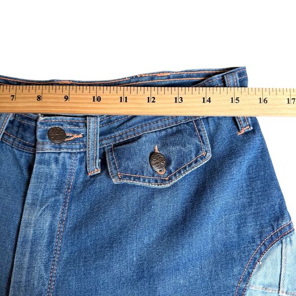 VTG 70s Flare Jeans Mens 32x34 Blue Denim Two Tone High Rise Festival Boho - Picture 3 of 8